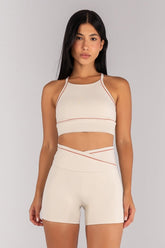 [CONJUNTO] Short + Top Halter com Vivo Contrastante nas Alças (Off-White / Telha) | Ref: K4685-A