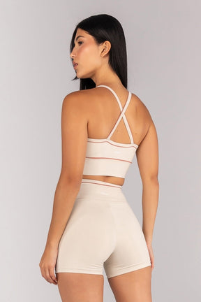 [CONJUNTO] Short + Top Halter com Vivo Contrastante nas Alças (Off-White / Telha) | Ref: K4685-A