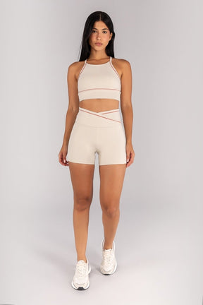 [CONJUNTO] Short + Top Halter com Vivo Contrastante nas Alças (Off-White / Telha) | Ref: K4685-A
