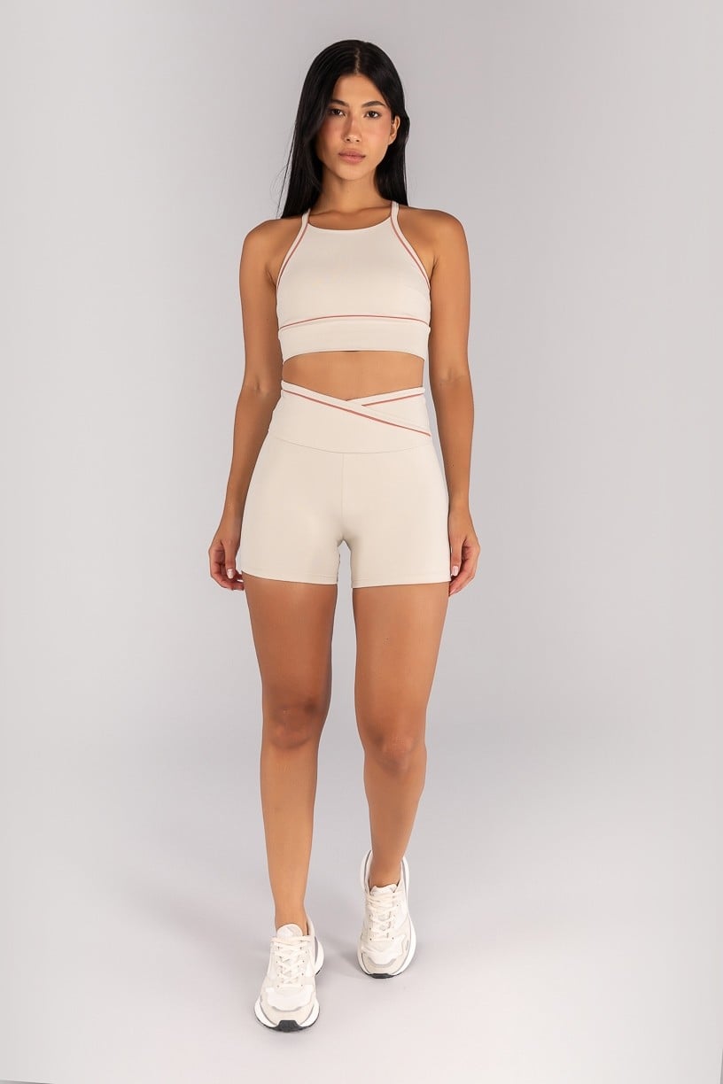 [CONJUNTO] Short + Top Halter com Vivo Contrastante nas Alças (Off-White / Telha) | Ref: K4685-A