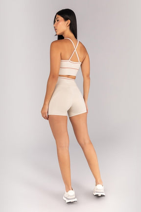 [CONJUNTO] Short + Top Halter com Vivo Contrastante nas Alças (Off-White / Telha) | Ref: K4685-A