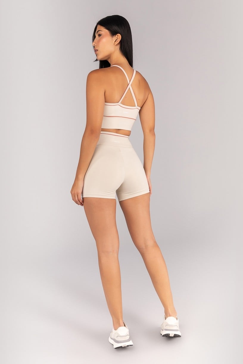 [CONJUNTO] Short + Top Halter com Vivo Contrastante nas Alças (Off-White / Telha) | Ref: K4685-A