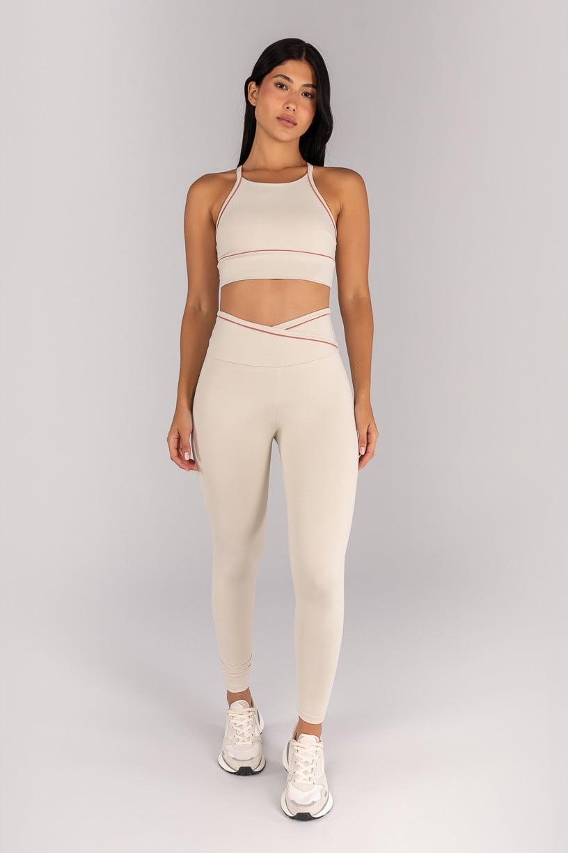 [CONJUNTO] Top + Calça Legging com Cós Transpassado e Vivo Contrastante (Off-White / Telha) | Ref: K4686-A
