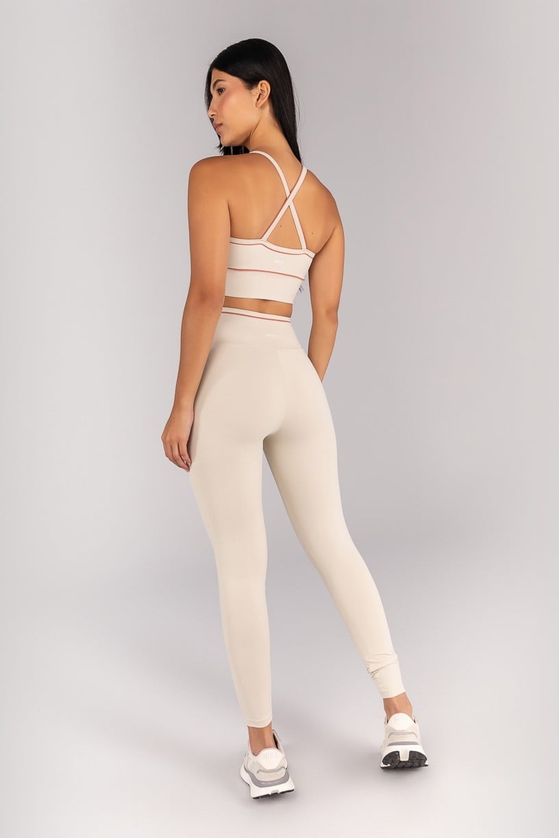 [CONJUNTO] Top + Calça Legging com Cós Transpassado e Vivo Contrastante (Off-White / Telha) | Ref: K4686-A