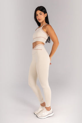 [CONJUNTO] Top + Calça Legging com Cós Transpassado e Vivo Contrastante (Off-White / Telha) | Ref: K4686-A
