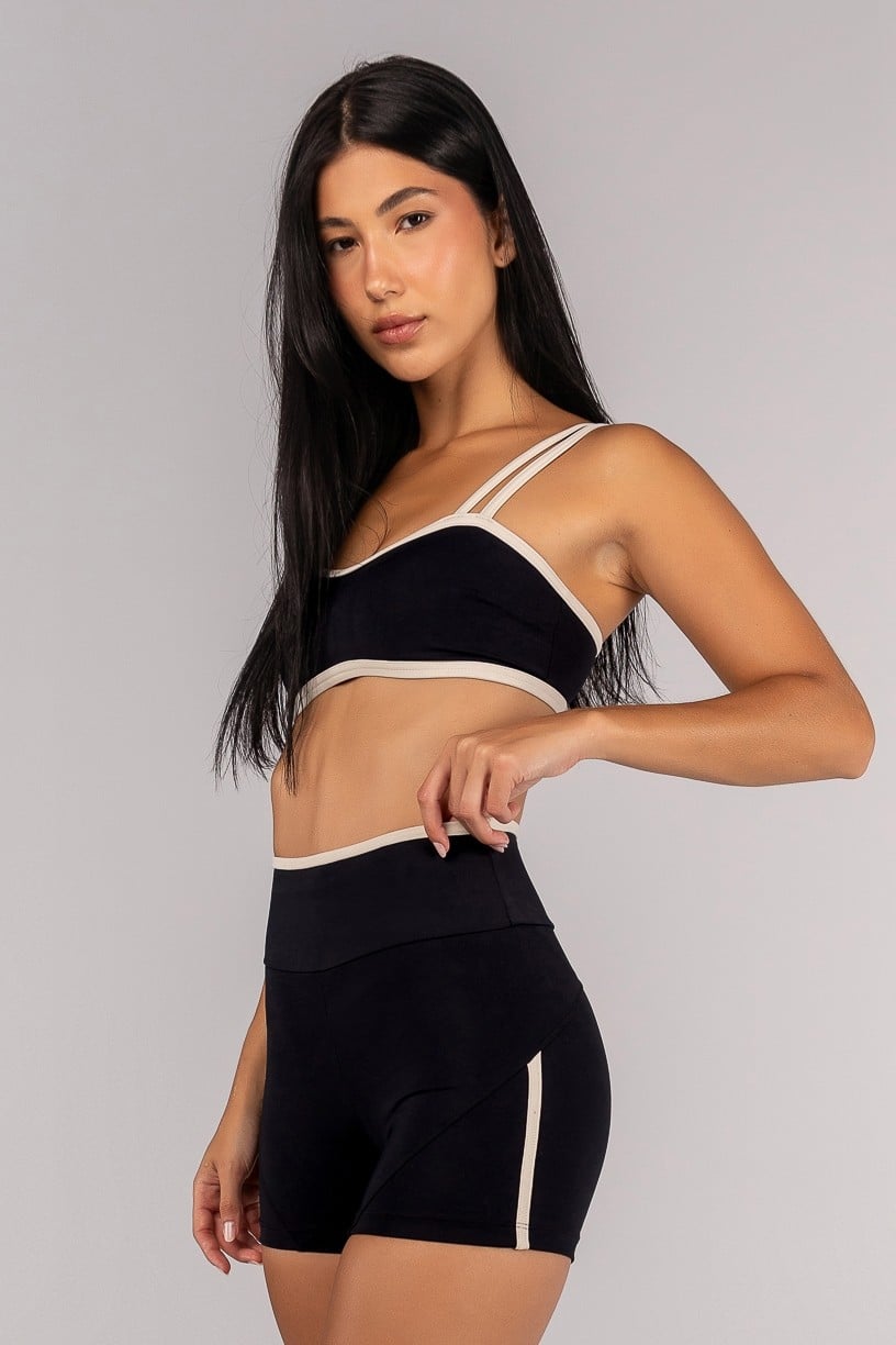 [CONJUNTO] Short + Top com Alças Duplas e Decote Sinuoso (Preto / Off-White) | Ref: K4693-A