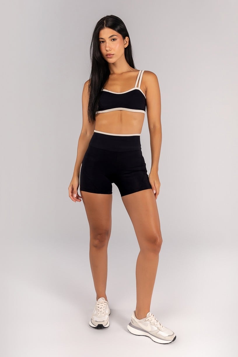[CONJUNTO] Short + Top com Alças Duplas e Decote Sinuoso (Preto / Off-White) | Ref: K4693-A
