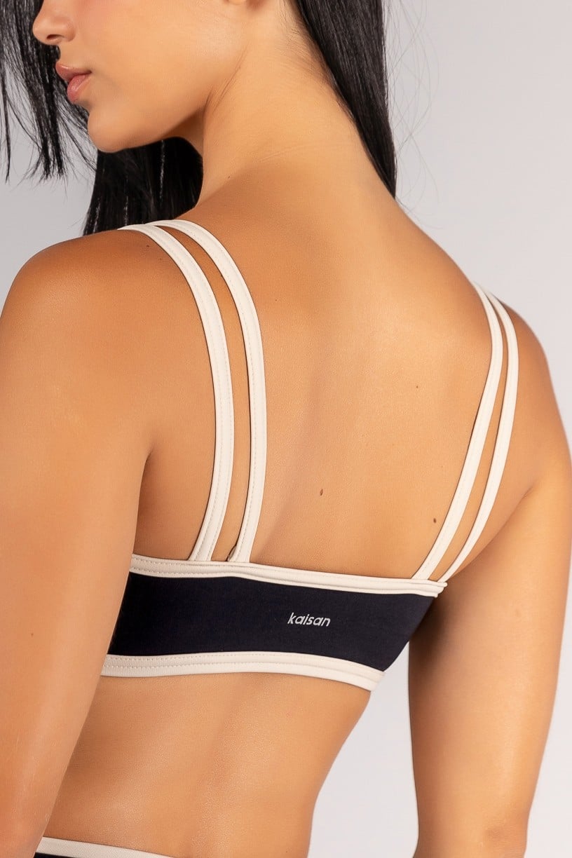 [CONJUNTO] Top + Calça Legging com Chapado e Vira (Preto / Off-White) | Ref: K4694-A