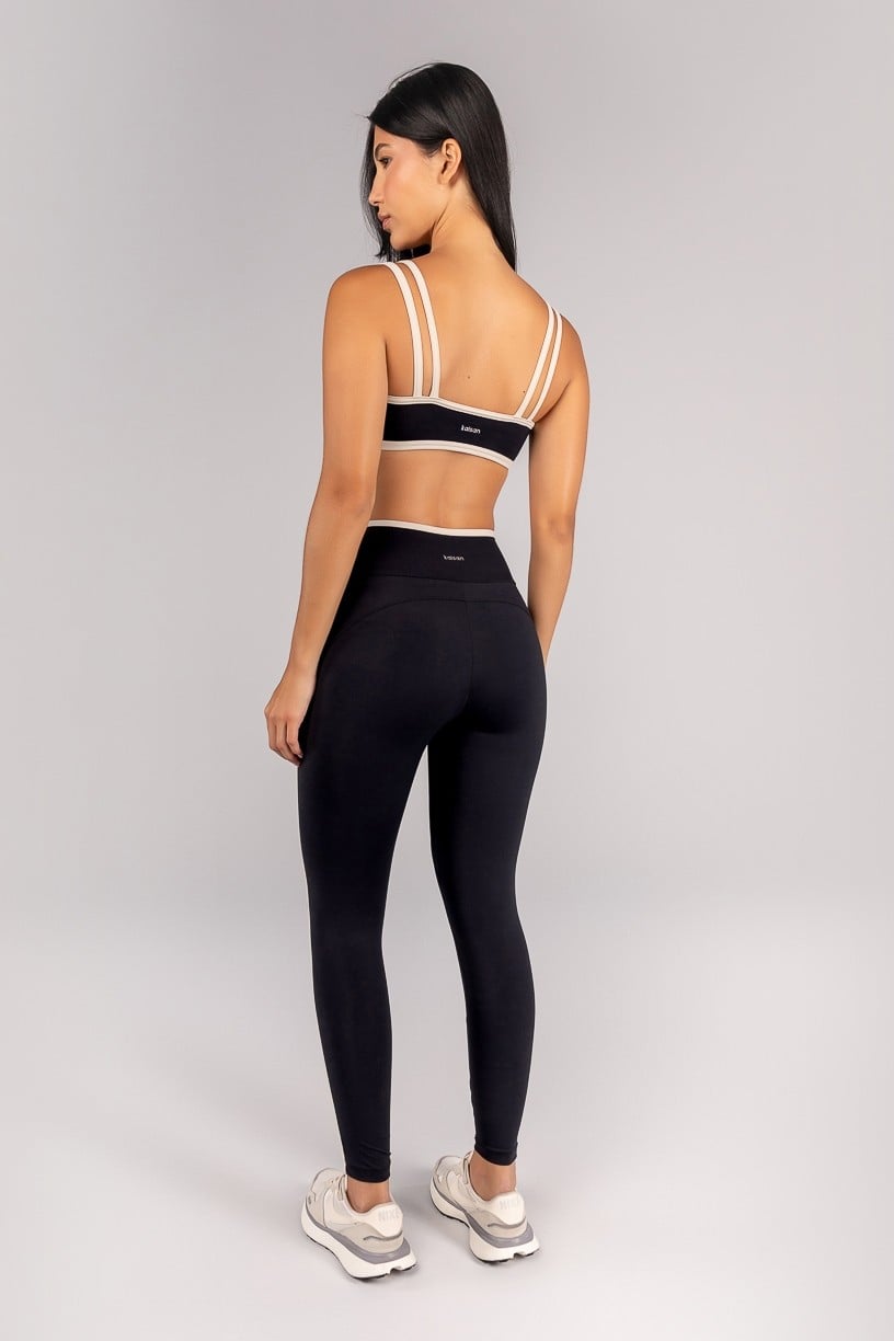 [CONJUNTO] Top + Calça Legging com Chapado e Vira (Preto / Off-White) | Ref: K4694-A