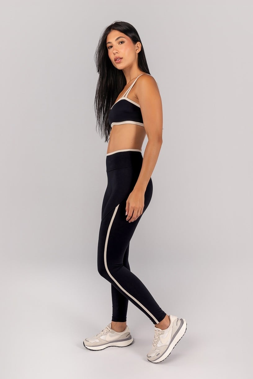 [CONJUNTO] Top + Calça Legging com Chapado e Vira (Preto / Off-White) | Ref: K4694-A