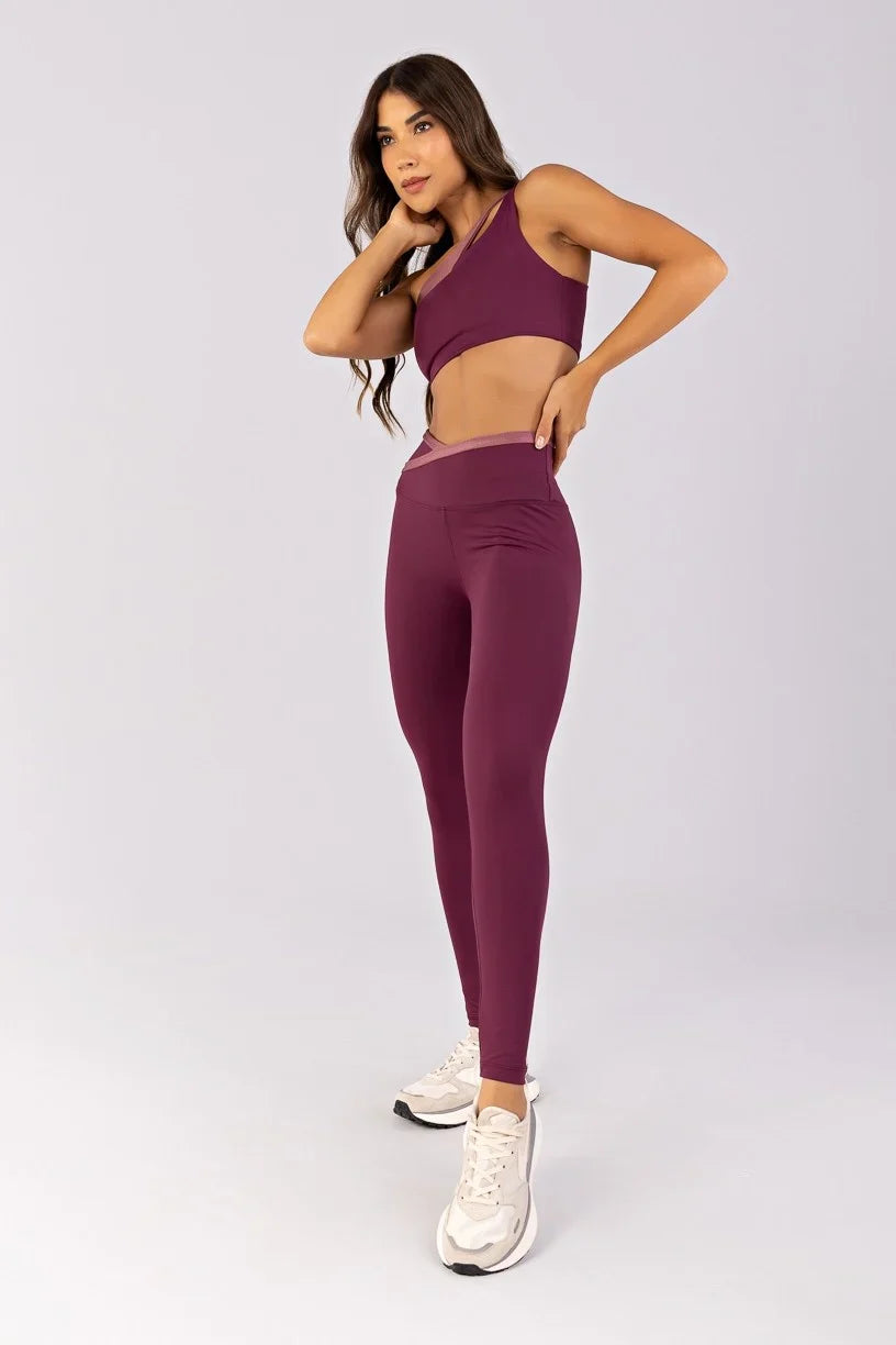 [CONJUNTO] Top + Calça Legging com Cós Transpassado e Vira (Uva / Rosa Vintage) | Ref: K4496-B