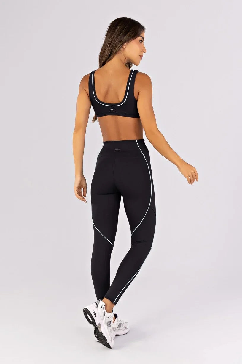 [CONJUNTO] Top + Calça Legging com Bolsos e Vivo (Preto / Glacial) | Ref: K4647-D