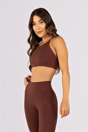 [CONJUNTO] Top + Calça Legging com Bolsos e Recortes (Café) | Ref: K4782-B