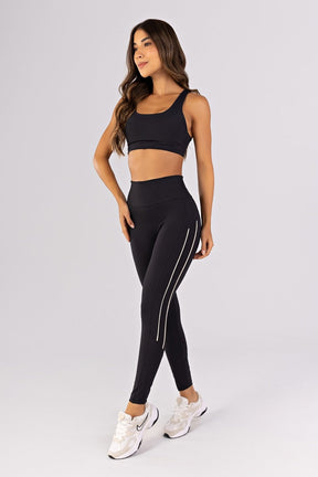 [CONJUNTO] Top + Calça Legging com Recortes e Vivos Duplos (Preto / Off-White) | Ref: K4785-A