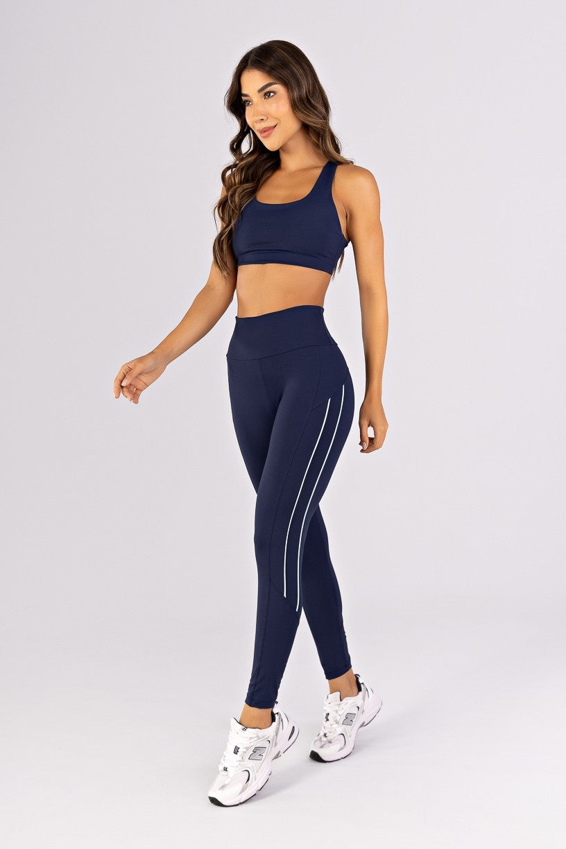 [CONJUNTO] Top + Calça Legging com Recortes e Vivos Duplos (Azul Marinho / Glacial) | Ref: K4785-C