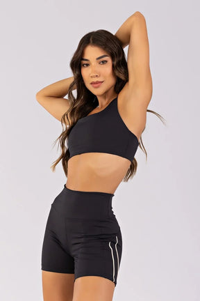 [CONJUNTO]  Top + Short com Recortes e Vivos Duplos (Preto / Off-White) | Ref: K4786-A