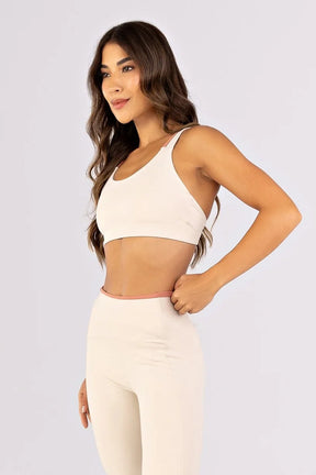 [CONJUNTO] Top + Calça Legging com Recortes e Vira Contrastante (Off-White / Telha) | Ref: K4791-A