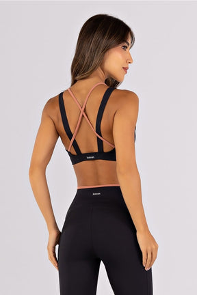 [CONJUNTO] Top + Calça Legging com Recortes e Vira Contrastante (Preto / Telha) | Ref: K4791-B