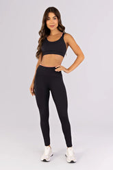 [CONJUNTO] Top + Calça Legging com Recortes e Vira Contrastante (Preto / Telha) | Ref: K4791-B
