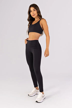 [CONJUNTO] Top + Calça Legging com Recortes e Vira Contrastante (Preto / Telha) | Ref: K4791-B