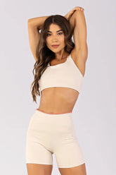[CONJUNTO]  Top + Short com Recortes e Vira Contrastante (Off-White / Telha) | Ref: K4792-A
