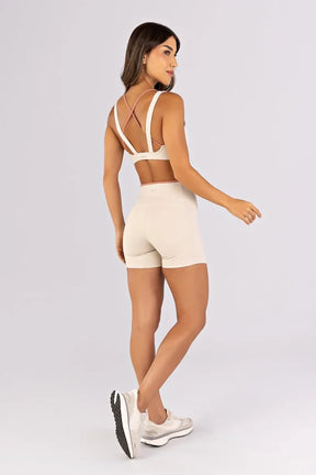 [CONJUNTO]  Top + Short com Recortes e Vira Contrastante (Off-White / Telha) | Ref: K4792-A