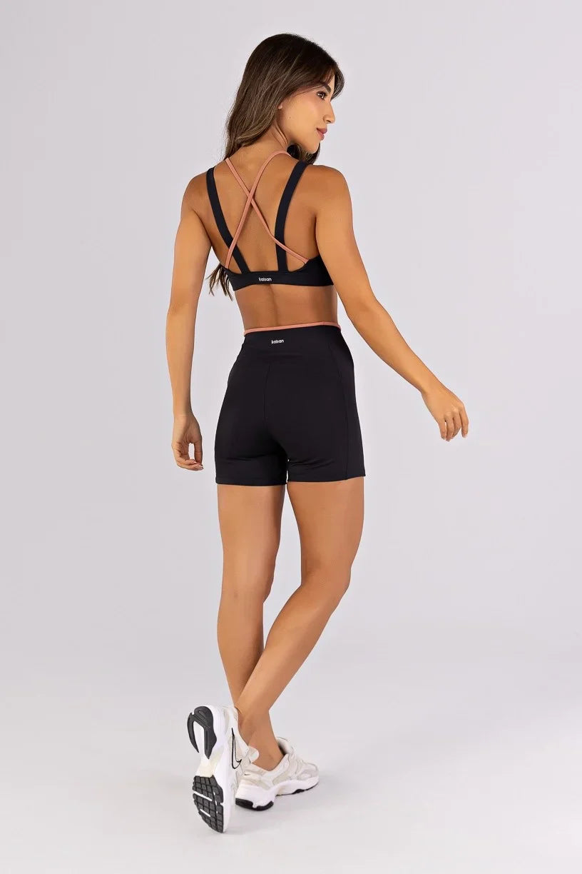 [CONJUNTO]  Top + Short com Recortes e Vira Contrastante (Preto / Telha) | Ref: K4792-B