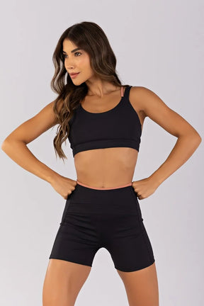 [CONJUNTO]  Top + Short com Recortes e Vira Contrastante (Preto / Telha) | Ref: K4792-B