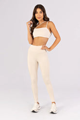 [CONJUNTO] Top + Calça Legging com Vivos sem Cós Aparente na Frente (Off-White) | Ref: K4800-B