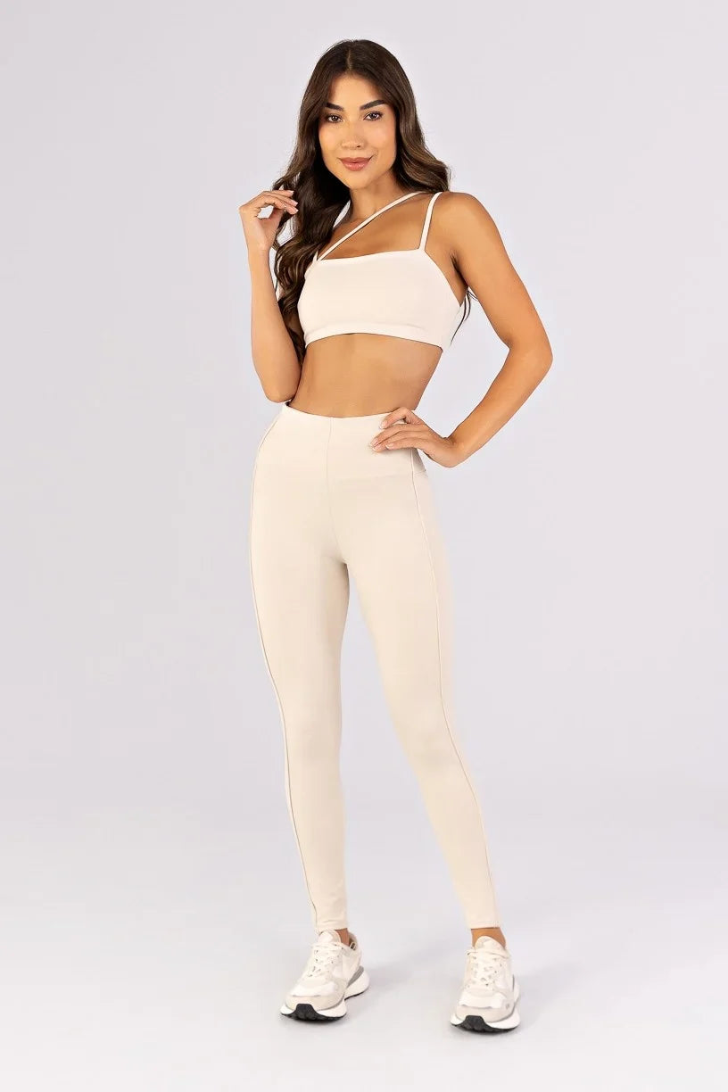 [CONJUNTO] Top + Calça Legging com Vivos sem Cós Aparente na Frente (Off-White) | Ref: K4800-B
