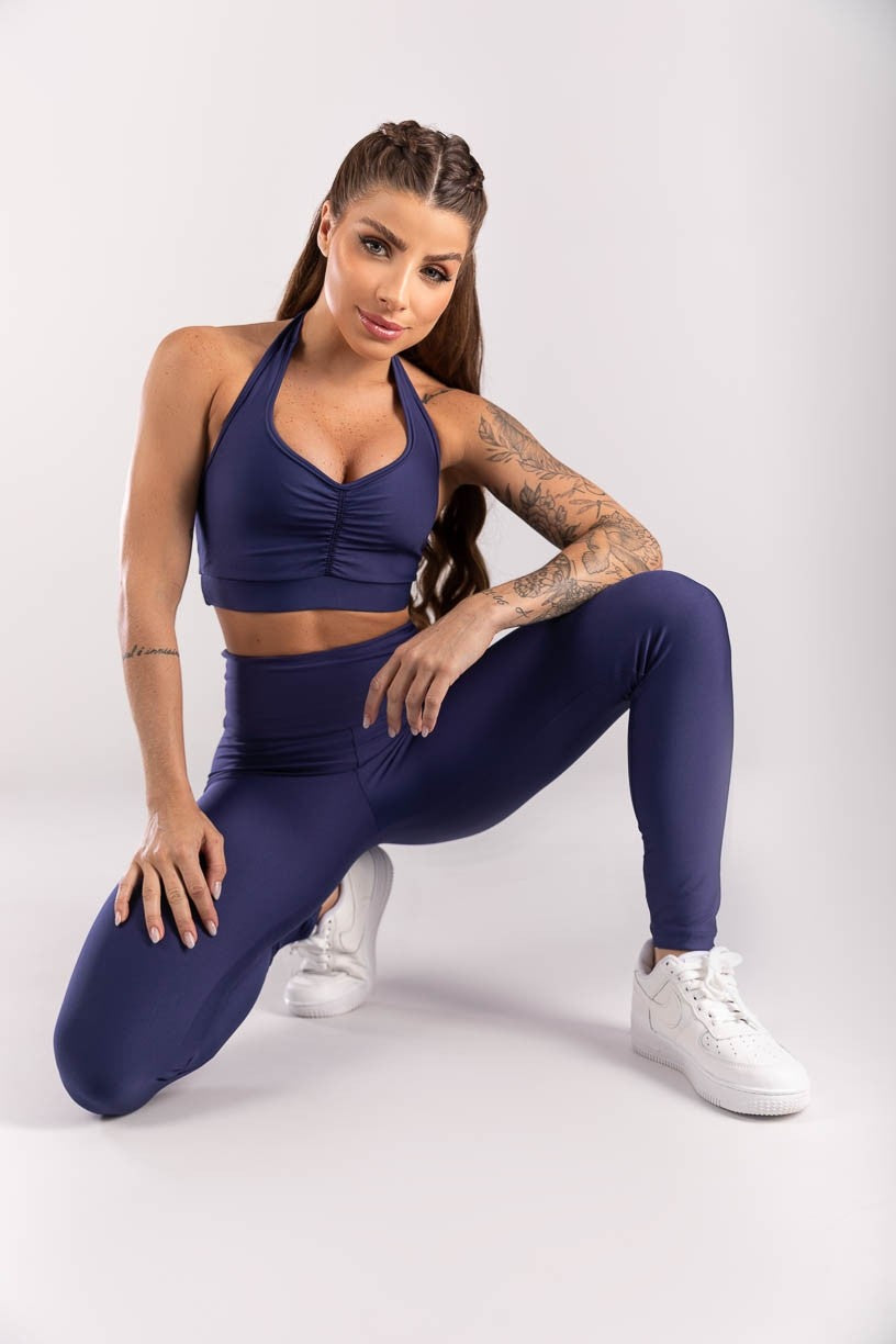 [CONJUNTO]  Legging + Top Frente Única Com Franzido na Frente (azul Marinho)