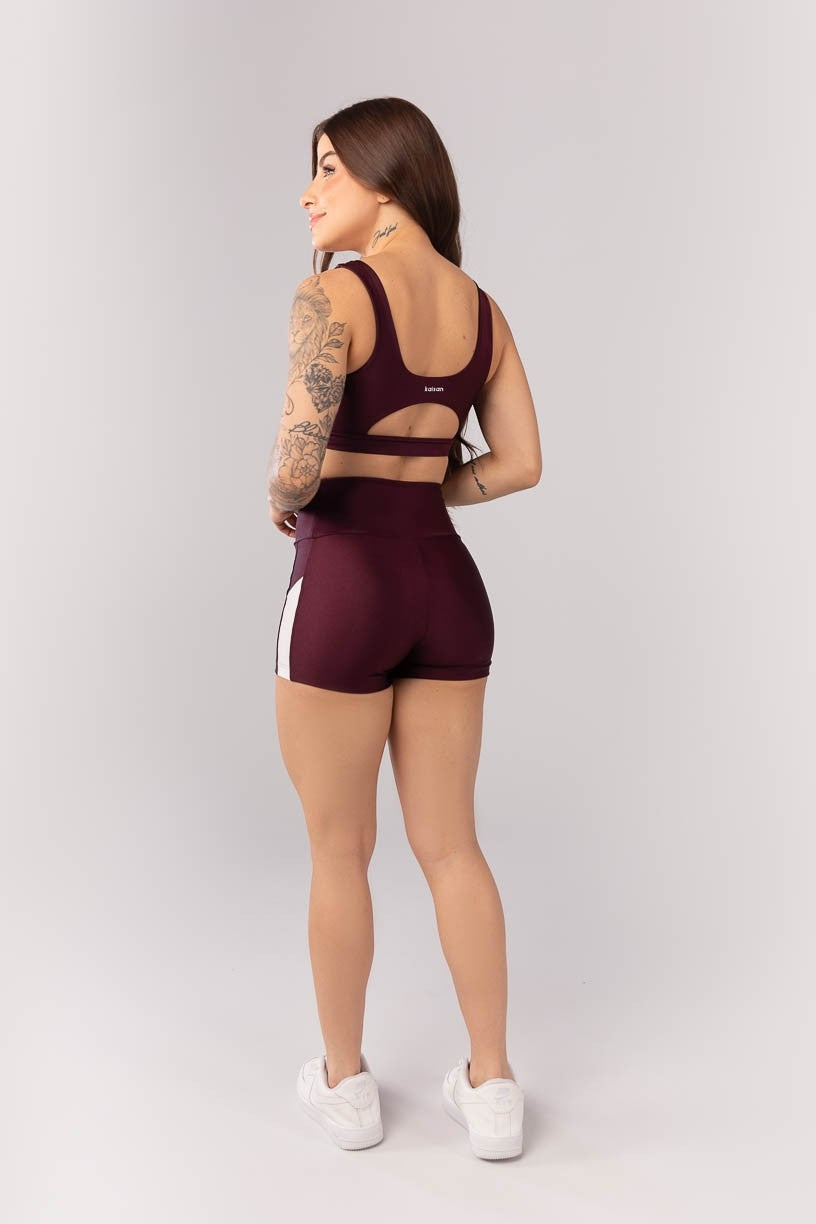 [CONJUNTO] Top + Short com Faixa Lateral (Vinho / Off White) | Ref: K4093-A